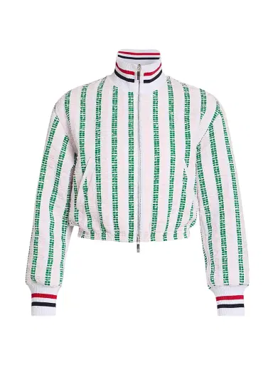 Thom Browne Women's Striped Grosgrain Tweed Jacket - Pink | Thumbnail 1 Thom Browne Women's Striped Grosgrain Tweed Jacket - Pink | Thumbnail 1