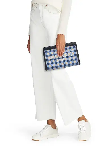 Jimmy Choo Women's Riviera Capsule Avenue Logo Gingham Raffia Clutch - Marine Mix | Thumbnail 2 Jimmy Choo Women's Riviera Capsule Avenue Logo Gingham Raffia Clutch - Marine Mix | Thumbnail 2