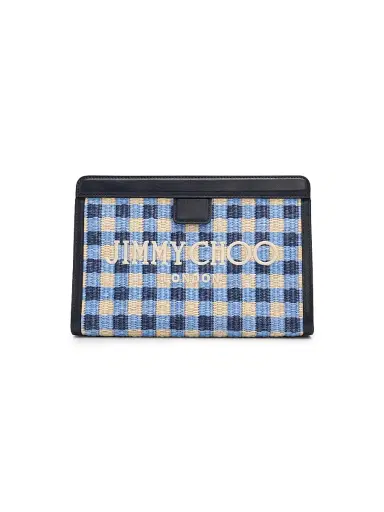 Jimmy Choo Women's Riviera Capsule Avenue Logo Gingham Raffia Clutch - Marine Mix | Thumbnail 1 Jimmy Choo Women's Riviera Capsule Avenue Logo Gingham Raffia Clutch - Marine Mix | Thumbnail 1