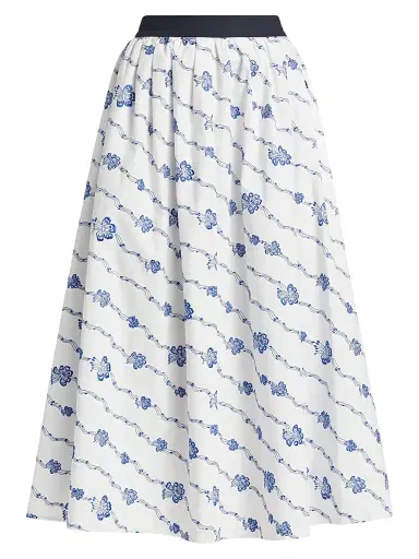 Rosie Assoulin Women's Easy Does It Floral Cotton Midi-Skirt - Blue White | Thumbnail 1 Rosie Assoulin Women's Easy Does It Floral Cotton Midi-Skirt - Blue White | Thumbnail 1