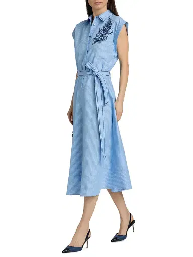 Cinq à Sept Women's Callie Striped Floral Appliqué Belted Midi-Dress - Blue Wisteria Multi | Thumbnail 2 Cinq à Sept Women's Callie Striped Floral Appliqué Belted Midi-Dress - Blue Wisteria Multi | Thumbnail 2