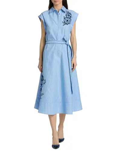 Cinq à Sept Women's Callie Striped Floral Appliqué Belted Midi-Dress - Blue Wisteria Multi | Thumbnail 3 Cinq à Sept Women's Callie Striped Floral Appliqué Belted Midi-Dress - Blue Wisteria Multi | Thumbnail 3