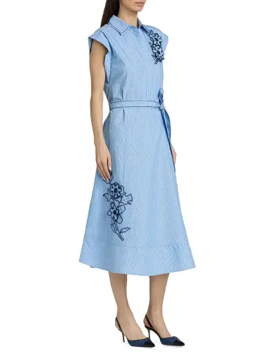 Cinq à Sept Women's Callie Striped Floral Appliqué Belted Midi-Dress - Blue Wisteria Multi | Thumbnail 4 Cinq à Sept Women's Callie Striped Floral Appliqué Belted Midi-Dress - Blue Wisteria Multi | Thumbnail 4