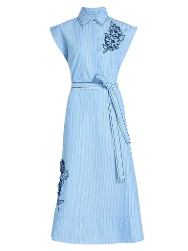 Cinq à Sept Women's Callie Striped Floral Appliqué Belted Midi-Dress - Blue Wisteria Multi | Thumbnail 1 Cinq à Sept Women's Callie Striped Floral Appliqué Belted Midi-Dress - Blue Wisteria Multi | Thumbnail 1