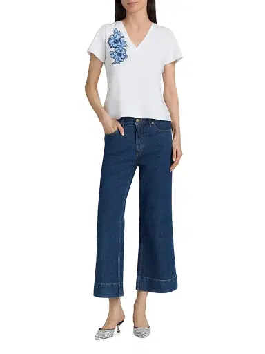 Cinq à Sept Women's Striped Floral Appliqué Shrunken T-Shirt - White Blue Multi | Thumbnail 2 Cinq à Sept Women's Striped Floral Appliqué Shrunken T-Shirt - White Blue Multi | Thumbnail 2