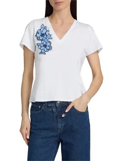 Cinq à Sept Women's Striped Floral Appliqué Shrunken T-Shirt - White Blue Multi | Thumbnail 3 Cinq à Sept Women's Striped Floral Appliqué Shrunken T-Shirt - White Blue Multi | Thumbnail 3