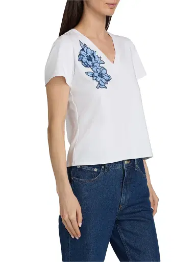 Cinq à Sept Women's Striped Floral Appliqué Shrunken T-Shirt - White Blue Multi | Thumbnail 4 Cinq à Sept Women's Striped Floral Appliqué Shrunken T-Shirt - White Blue Multi | Thumbnail 4