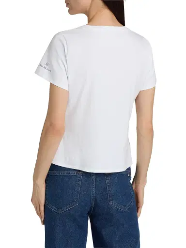 Cinq à Sept Women's Striped Floral Appliqué Shrunken T-Shirt - White Blue Multi | Thumbnail 5 Cinq à Sept Women's Striped Floral Appliqué Shrunken T-Shirt - White Blue Multi | Thumbnail 5