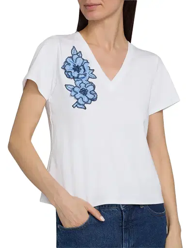 Cinq à Sept Women's Striped Floral Appliqué Shrunken T-Shirt - White Blue Multi | Thumbnail 6 Cinq à Sept Women's Striped Floral Appliqué Shrunken T-Shirt - White Blue Multi | Thumbnail 6