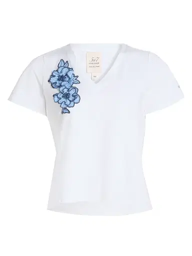 Cinq à Sept Women's Striped Floral Appliqué Shrunken T-Shirt - White Blue Multi | Thumbnail 1 Cinq à Sept Women's Striped Floral Appliqué Shrunken T-Shirt - White Blue Multi | Thumbnail 1