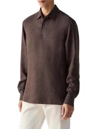 ZEGNA Men's Oasi Lino Polo Shirt - Dark Brown | Thumbnail 4 ZEGNA Men's Oasi Lino Polo Shirt - Dark Brown | Thumbnail 4