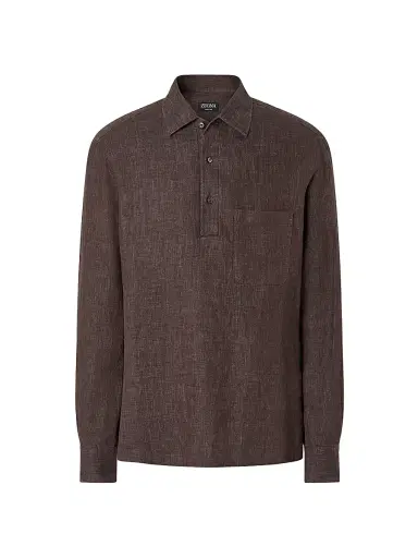 ZEGNA Men's Oasi Lino Polo Shirt - Dark Brown | Thumbnail 1 ZEGNA Men's Oasi Lino Polo Shirt - Dark Brown | Thumbnail 1