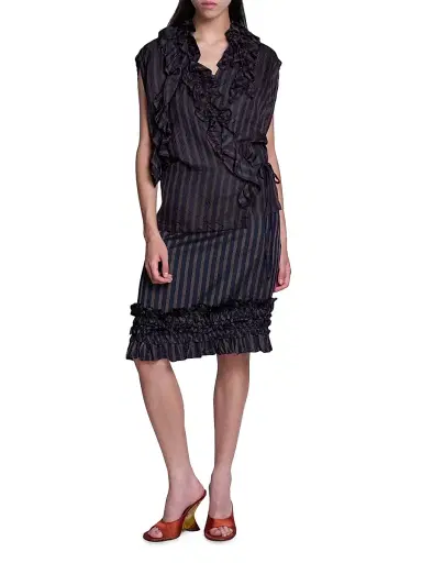 Dries Van Noten Women's Clematis Ruffled Striped Satin Wrap Shirt - Navy | Thumbnail 2 Dries Van Noten Women's Clematis Ruffled Striped Satin Wrap Shirt - Navy | Thumbnail 2