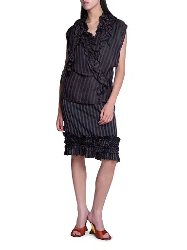 Dries Van Noten Women's Clematis Ruffled Striped Satin Wrap Shirt - Navy | Thumbnail 3 Dries Van Noten Women's Clematis Ruffled Striped Satin Wrap Shirt - Navy | Thumbnail 3