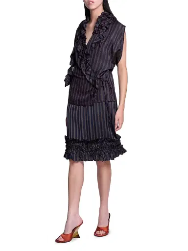 Dries Van Noten Women's Clematis Ruffled Striped Satin Wrap Shirt - Navy | Thumbnail 4 Dries Van Noten Women's Clematis Ruffled Striped Satin Wrap Shirt - Navy | Thumbnail 4