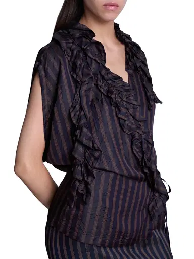 Dries Van Noten Women's Clematis Ruffled Striped Satin Wrap Shirt - Navy | Thumbnail 6 Dries Van Noten Women's Clematis Ruffled Striped Satin Wrap Shirt - Navy | Thumbnail 6