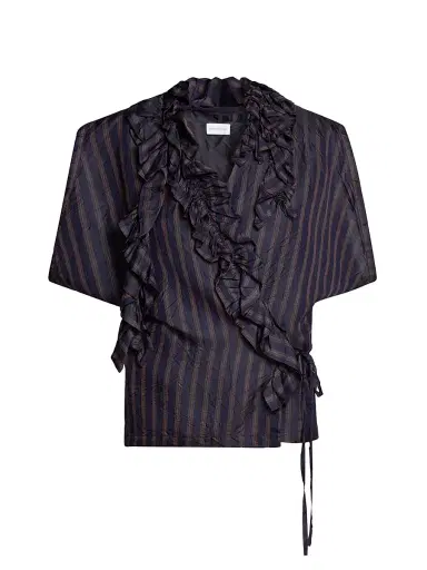 Dries Van Noten Women's Clematis Ruffled Striped Satin Wrap Shirt - Navy | Thumbnail 1 Dries Van Noten Women's Clematis Ruffled Striped Satin Wrap Shirt - Navy | Thumbnail 1