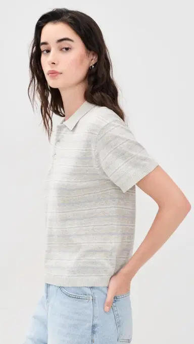 Dunst Linen Striped Polo Knit Grey/Soft Blue L | Thumbnail 4 Dunst Linen Striped Polo Knit Grey/Soft Blue L | Thumbnail 4
