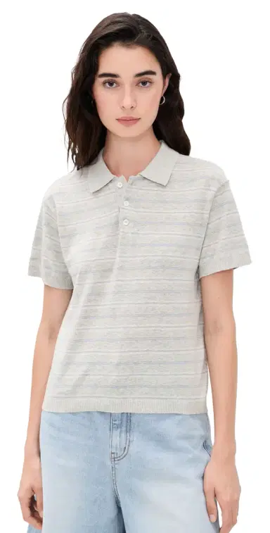 Dunst Linen Striped Polo Knit Grey/Soft Blue L | Thumbnail 1 Dunst Linen Striped Polo Knit Grey/Soft Blue L | Thumbnail 1