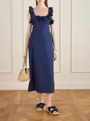 Zimmermann Aster Ruffled Denim Midi Dress | Thumbnail 2 Zimmermann Aster Ruffled Denim Midi Dress | Thumbnail 2