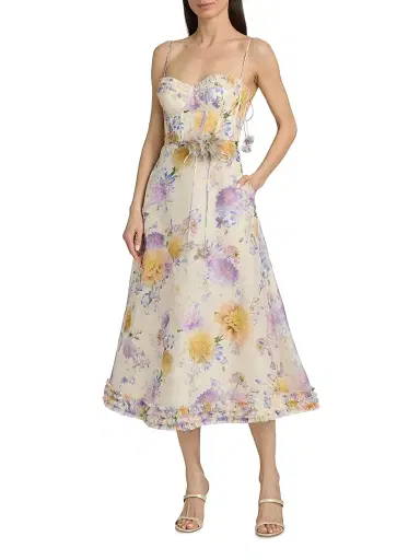Zimmermann Women's Kindred Spirit Luna Floral Linen-Silk Ruffle Midi-Dress - Cream Dahlia | Thumbnail 3 Zimmermann Women's Kindred Spirit Luna Floral Linen-Silk Ruffle Midi-Dress - Cream Dahlia | Thumbnail 3