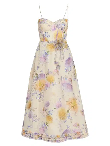 Zimmermann Women's Kindred Spirit Luna Floral Linen-Silk Ruffle Midi-Dress - Cream Dahlia | Thumbnail 1 Zimmermann Women's Kindred Spirit Luna Floral Linen-Silk Ruffle Midi-Dress - Cream Dahlia | Thumbnail 1