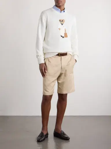 Ralph Lauren Purple Label Polo Bear Logo-Appliquéd Leather-Trimmed Knitted Silk and Linen-Blend Sweater - Men | Thumbnail 2 Ralph Lauren Purple Label Polo Bear Logo-Appliquéd Leather-Trimmed Knitted Silk and Linen-Blend Sweater - Men | Thumbnail 2