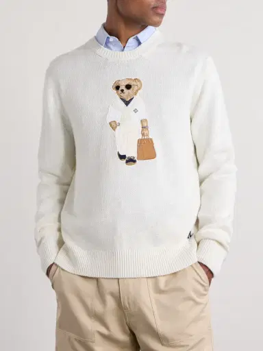 Ralph Lauren Purple Label Polo Bear Logo-Appliquéd Leather-Trimmed Knitted Silk and Linen-Blend Sweater - Men | Thumbnail 3 Ralph Lauren Purple Label Polo Bear Logo-Appliquéd Leather-Trimmed Knitted Silk and Linen-Blend Sweater - Men | Thumbnail 3