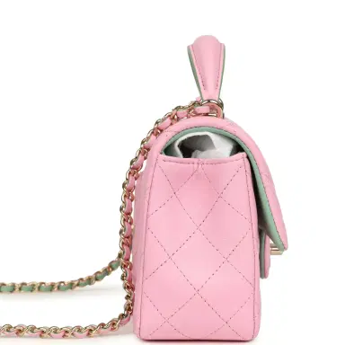 Chanel Chanel Mini Rectangular Flap Bag with Top Handle Pink and Green Lambskin Light Gold Hardware | Thumbnail 3 Chanel Chanel Mini Rectangular Flap Bag with Top Handle Pink and Green Lambskin Light Gold Hardware | Thumbnail 3