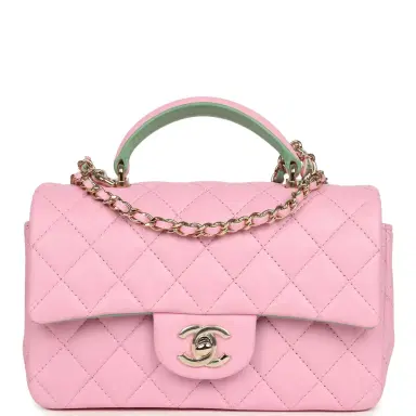 Chanel Chanel Mini Rectangular Flap Bag with Top Handle Pink and Green Lambskin Light Gold Hardware | Thumbnail 1 Chanel Chanel Mini Rectangular Flap Bag with Top Handle Pink and Green Lambskin Light Gold Hardware | Thumbnail 1