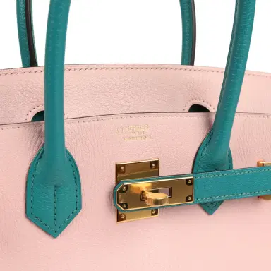 HERMÈS Pre-owned Hermes Special Order (HSS) Birkin 30 Rose Sakura and Bleu Paon Chevre Mysore Gold Hardware | Thumbnail 7 HERMÈS Pre-owned Hermes Special Order (HSS) Birkin 30 Rose Sakura and Bleu Paon Chevre Mysore Gold Hardware | Thumbnail 7