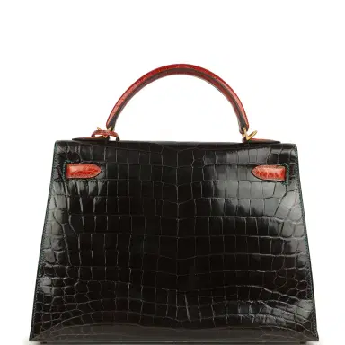 HERMÈS Pre-owned Hermes Special Order (HSS) Kelly Sellier 32 Graphite, Gris Tourterelle and Geranium Shiny Niloticus Crocodile Brushed Gold Hardware | Thumbnail 4 HERMÈS Pre-owned Hermes Special Order (HSS) Kelly Sellier 32 Graphite, Gris Tourterelle and Geranium Shiny Niloticus Crocodile Brushed Gold Hardware | Thumbnail 4
