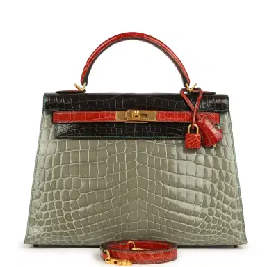 HERMÈS Pre-owned Hermes Special Order (HSS) Kelly Sellier 32 Graphite, Gris Tourterelle and Geranium Shiny Niloticus Crocodile Brushed Gold Hardware | Thumbnail 1 HERMÈS Pre-owned Hermes Special Order (HSS) Kelly Sellier 32 Graphite, Gris Tourterelle and Geranium Shiny Niloticus Crocodile Brushed Gold Hardware | Thumbnail 1