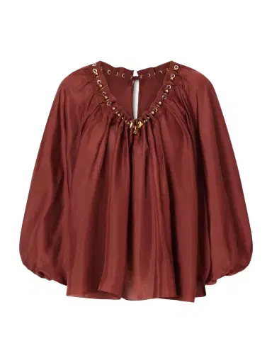Zimmermann Aster Gathered Beaded Silk-satin Blouse | Thumbnail 1 Zimmermann Aster Gathered Beaded Silk-satin Blouse | Thumbnail 1