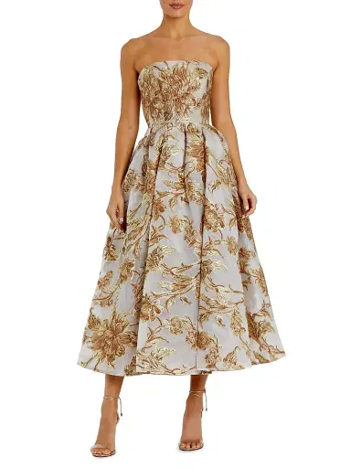 Mac Duggal Women's Petite Floral Brocade Fit & Flare Strapless Midi-Dress - Bronze Petite 12 | Thumbnail 1 Mac Duggal Women's Petite Floral Brocade Fit & Flare Strapless Midi-Dress - Bronze Petite 12 | Thumbnail 1