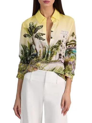 ALICE + OLIVIA Women's Willa Staceface Silk Button-Front Shirt - Pure Paradise | Thumbnail 3 ALICE + OLIVIA Women's Willa Staceface Silk Button-Front Shirt - Pure Paradise | Thumbnail 3