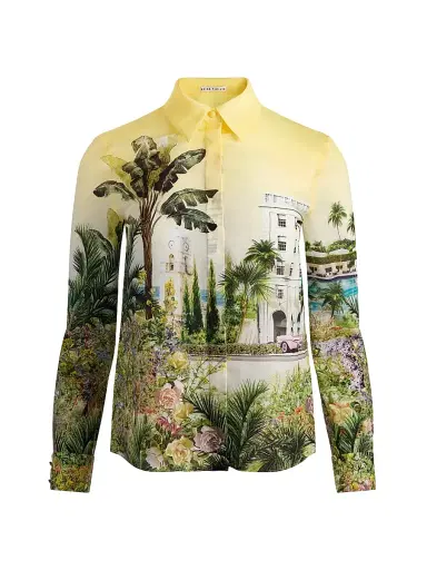 ALICE + OLIVIA Women's Willa Staceface Silk Button-Front Shirt - Pure Paradise | Thumbnail 1 ALICE + OLIVIA Women's Willa Staceface Silk Button-Front Shirt - Pure Paradise | Thumbnail 1
