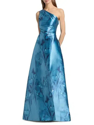 Kay Unger Women's Faith Printed Mikado One-Shoulder Gown - Spring Aqua | Thumbnail 2 Kay Unger Women's Faith Printed Mikado One-Shoulder Gown - Spring Aqua | Thumbnail 2