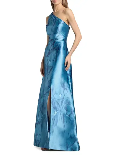Kay Unger Women's Faith Printed Mikado One-Shoulder Gown - Spring Aqua | Thumbnail 4 Kay Unger Women's Faith Printed Mikado One-Shoulder Gown - Spring Aqua | Thumbnail 4