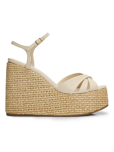 Schutz Women's Keefa 120MM Leather-Raffia Wedge Sandals - Egg Shell | Thumbnail 1 Schutz Women's Keefa 120MM Leather-Raffia Wedge Sandals - Egg Shell | Thumbnail 1