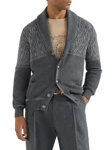 Brunello Cucinelli Men's Cotton Shawl Collar Cardigan with Jacquard Cable Shoulder - Medium Grey | Thumbnail 2 Brunello Cucinelli Men's Cotton Shawl Collar Cardigan with Jacquard Cable Shoulder - Medium Grey | Thumbnail 2