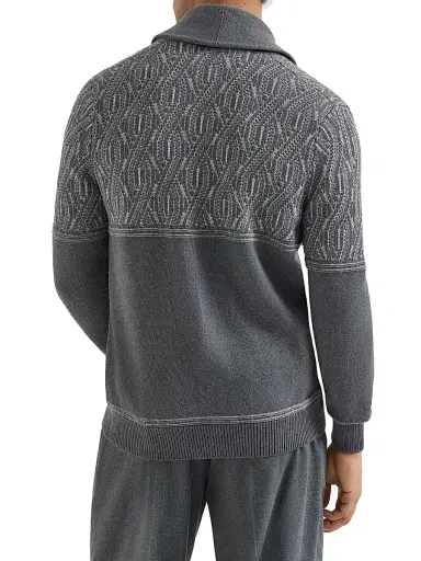 Brunello Cucinelli Men's Cotton Shawl Collar Cardigan with Jacquard Cable Shoulder - Medium Grey | Thumbnail 3 Brunello Cucinelli Men's Cotton Shawl Collar Cardigan with Jacquard Cable Shoulder - Medium Grey | Thumbnail 3