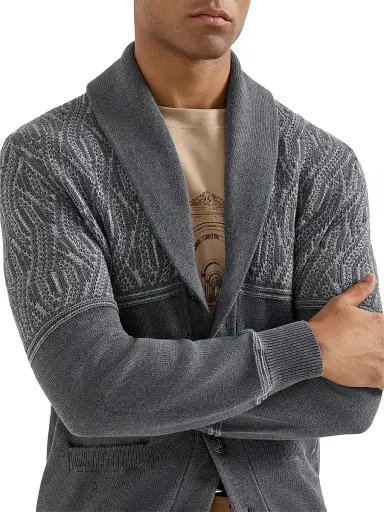 Brunello Cucinelli Men's Cotton Shawl Collar Cardigan with Jacquard Cable Shoulder - Medium Grey | Thumbnail 4 Brunello Cucinelli Men's Cotton Shawl Collar Cardigan with Jacquard Cable Shoulder - Medium Grey | Thumbnail 4