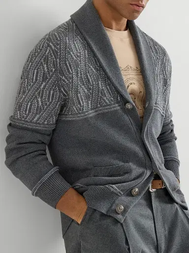 Brunello Cucinelli Men's Cotton Shawl Collar Cardigan with Jacquard Cable Shoulder - Medium Grey | Thumbnail 5 Brunello Cucinelli Men's Cotton Shawl Collar Cardigan with Jacquard Cable Shoulder - Medium Grey | Thumbnail 5