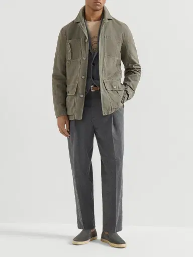 Brunello Cucinelli Men's Cotton Shawl Collar Cardigan with Jacquard Cable Shoulder - Medium Grey | Thumbnail 6 Brunello Cucinelli Men's Cotton Shawl Collar Cardigan with Jacquard Cable Shoulder - Medium Grey | Thumbnail 6