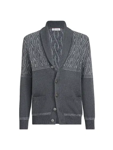 Brunello Cucinelli Men's Cotton Shawl Collar Cardigan with Jacquard Cable Shoulder - Medium Grey | Thumbnail 1 Brunello Cucinelli Men's Cotton Shawl Collar Cardigan with Jacquard Cable Shoulder - Medium Grey | Thumbnail 1