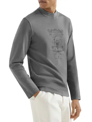 Brunello Cucinelli Men's Cotton Interlock Long Sleeve T-Shirt with Mock Neck and Print - Medium Grey | Thumbnail 2 Brunello Cucinelli Men's Cotton Interlock Long Sleeve T-Shirt with Mock Neck and Print - Medium Grey | Thumbnail 2