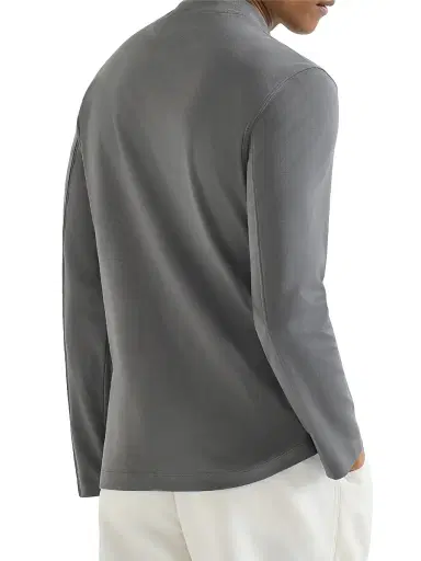 Brunello Cucinelli Men's Cotton Interlock Long Sleeve T-Shirt with Mock Neck and Print - Medium Grey | Thumbnail 3 Brunello Cucinelli Men's Cotton Interlock Long Sleeve T-Shirt with Mock Neck and Print - Medium Grey | Thumbnail 3