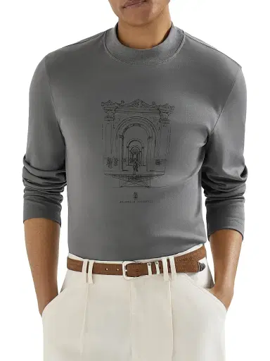 Brunello Cucinelli Men's Cotton Interlock Long Sleeve T-Shirt with Mock Neck and Print - Medium Grey | Thumbnail 4 Brunello Cucinelli Men's Cotton Interlock Long Sleeve T-Shirt with Mock Neck and Print - Medium Grey | Thumbnail 4