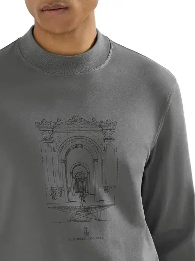 Brunello Cucinelli Men's Cotton Interlock Long Sleeve T-Shirt with Mock Neck and Print - Medium Grey | Thumbnail 5 Brunello Cucinelli Men's Cotton Interlock Long Sleeve T-Shirt with Mock Neck and Print - Medium Grey | Thumbnail 5